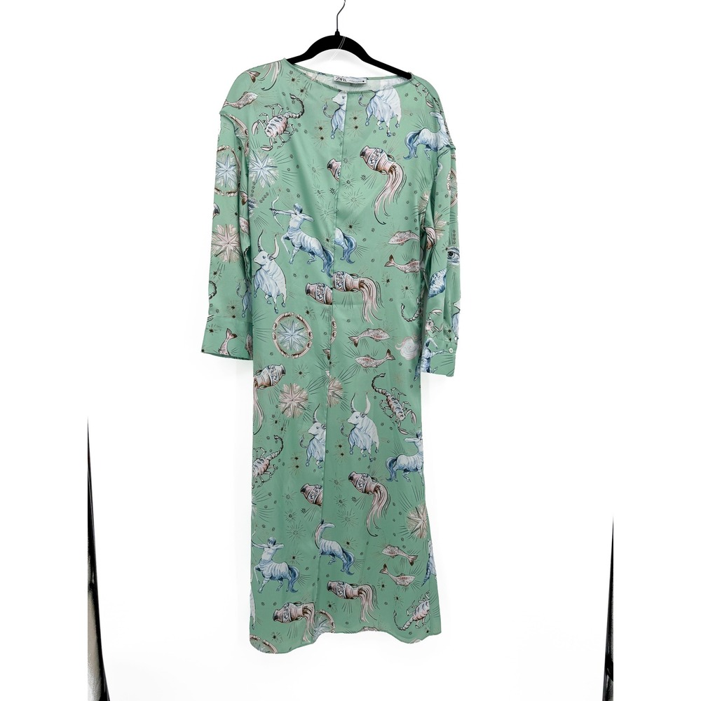 Zara Dress Womens Medium Green Zodiac Print Long Sleeve Midi Satin Whimsical